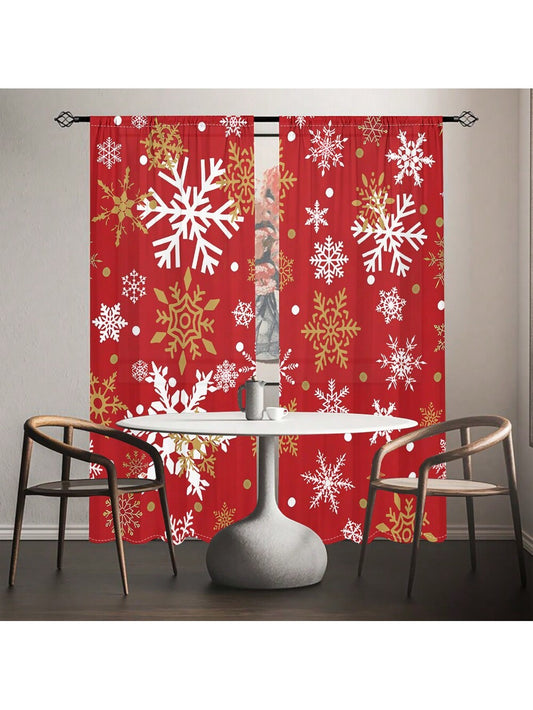2 Pcs Christmas Snowflakes Curtain Red Festive Decorations, Semi Transparent Curtains, Snowflake Printed, Living Room, Bedroom, Study, Villa, Courtyard, Pocket, Fabric Curtain Home Decor Multicolor