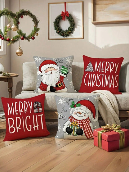 4 Pcs/Set Christmas Pillow Set - Santa Claus And Snowman Hello Winter Design, Machine Washable, 18x18 Inch Zipper Closure - Anti Fouling Linen Material, Suitable For Home, Car, Bedroom, Sofa, Office And Various Rooms - Does Not Include Fillers Multicolor