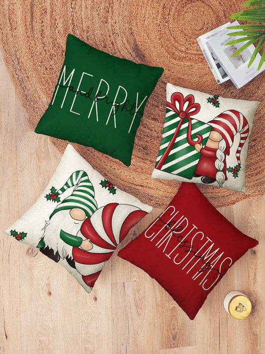 4pcs Christmas-Themed Hand-Painted Candy & Letter Graphic Cushion Covers, Without Insert, Creative European & American Style Linen Print Square Pillow Covers, Suitable For Living Room, Bedroom, Home Decor, Sofa & Car Pillows, All Seasons Multicolor