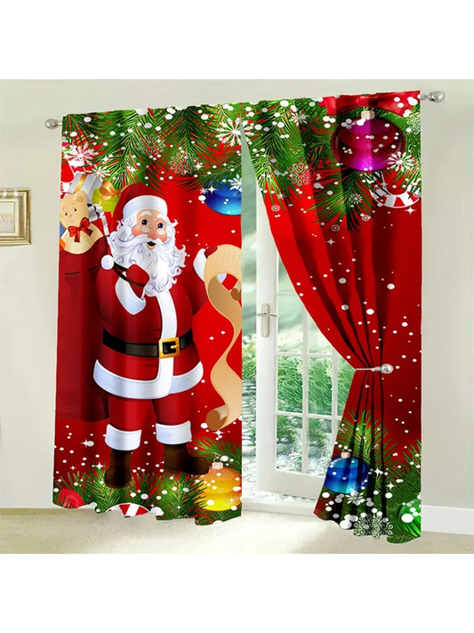 2 Panels Santa Print Curtains With Green Pine Branches - Polyester Rod Pocket Curtains, Christmas, Christmas Decoration, Door Curtains For Living Room Bedroom - Modern Style Machine Washable Curtains Multicolor