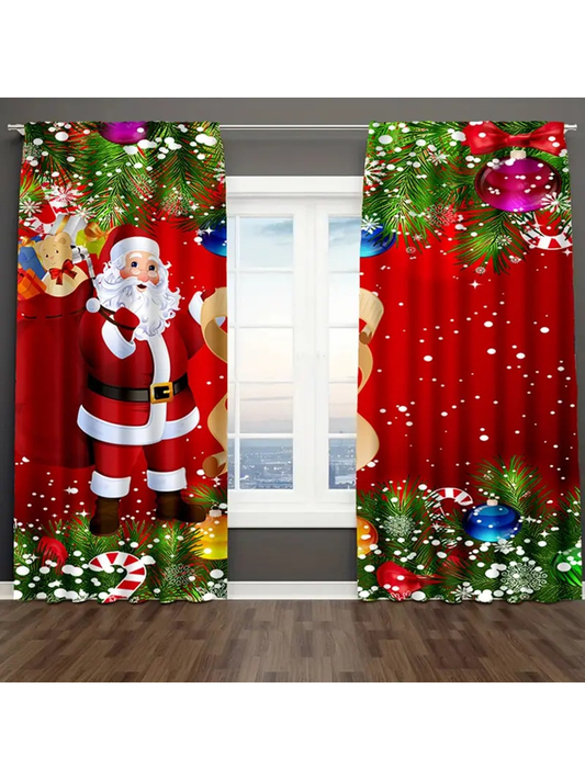 2 Panels Santa Print Curtains With Green Pine Branches - Polyester Rod Pocket Curtains, Christmas, Christmas Decoration, Door Curtains For Living Room Bedroom - Modern Style Machine Washable Curtains Multicolor