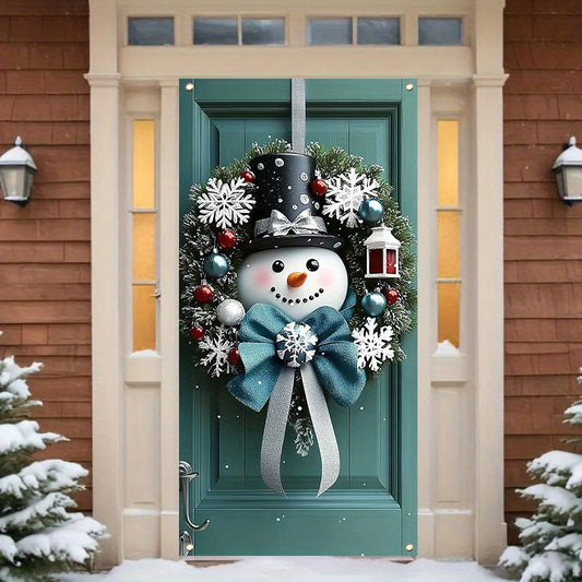 1pc Door Cover\u002FHanging Ornament, Winter Christmas Festival Snowman Door Hanging, 35.4x70.8 Inches, Polyester Christmas Wreath Pattern, Classic Style, Indoor & Outdoor Holiday Decor, Snowman Flat Printing Door Curtain, Not 3D Wreath