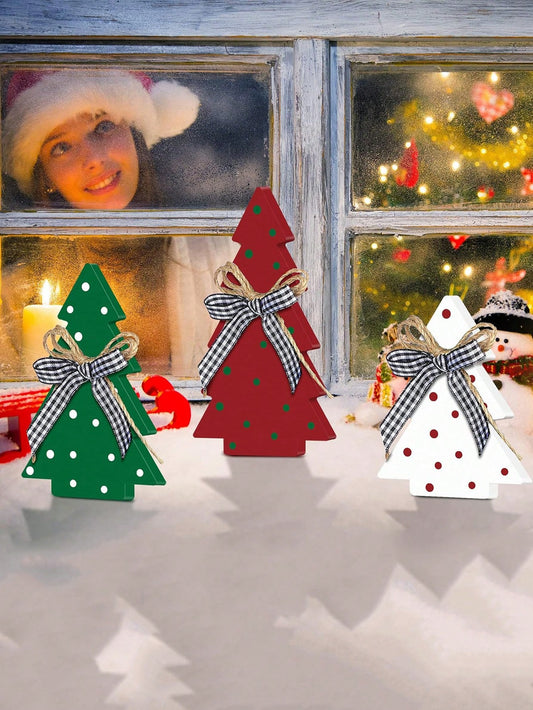 3pcs/Set Rustic Wood Table Christmas Trees Centerpiece For Table - Polka Dot Farmhouse Decor Multicolor