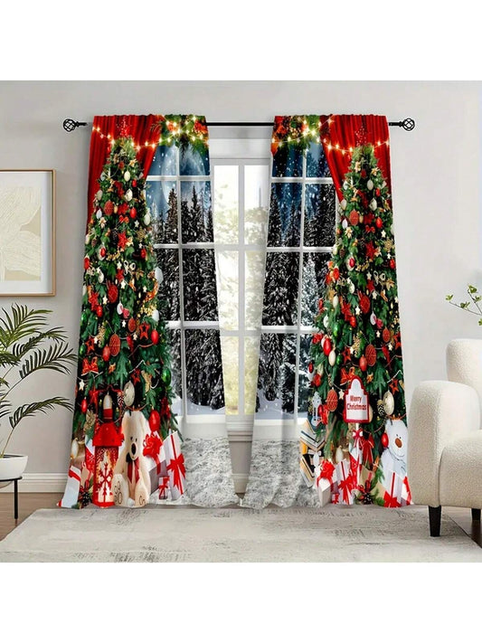 2pcs Set Christmas Tree Print Curtains - Rod Pocket Design For Living Room & Bedroom, Fade-Resistant Polyester, Machine Washable Home Decor,Christmas Decorations,Christmas Gifts Multicolor