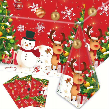 Christmas Party Tablecloth - Festive Snowman & Tree Design, Disposable PE Material, Perfect for Holiday Gatherings & Birthday Celebrations