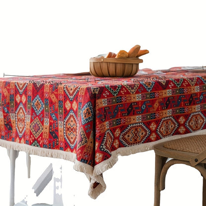 Luxurious Red Jacquard Tablecloth - Thick, Festive Christmas Design with Tassels for Dining & Parties