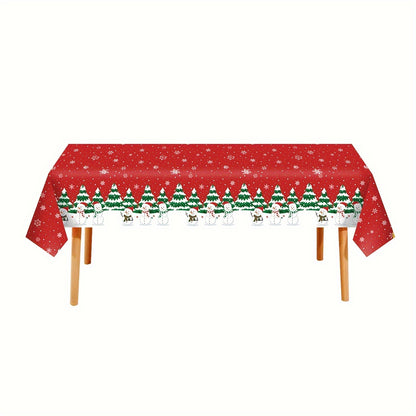 Christmas Snowman and Tree Disposable Tablecloth - Waterproof, Oil-Proof, Vibrant Color, Plastic Table Cover for Holiday Party, 1 Piece, 53.94x107.87inch