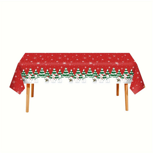 Christmas Snowman and Tree Disposable Tablecloth - Waterproof, Oil-Proof, Vibrant Color, Plastic Table Cover for Holiday Party, 1 Piece, 53.94x107.87inch