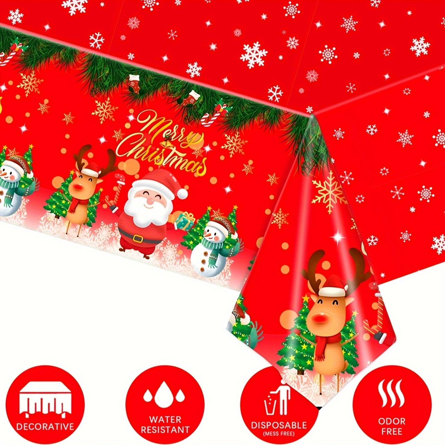 Christmas Party Tablecloth - Festive Red Plastic Table Cover with Snowflakes, Santa, and Reindeer - Durable, Water-Resistant Holiday Table Decor for Christmas and Winter Celebrations, Disposable, Odor Free, 54x108 Inches - 1 Pack