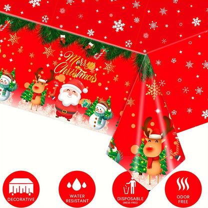 Christmas Party Tablecloth - Festive Red Plastic Table Cover with Snowflakes, Santa, and Reindeer - Durable, Water-Resistant Holiday Table Decor for Christmas and Winter Celebrations, Disposable, Odor Free, 54x108 Inches - 1 Pack