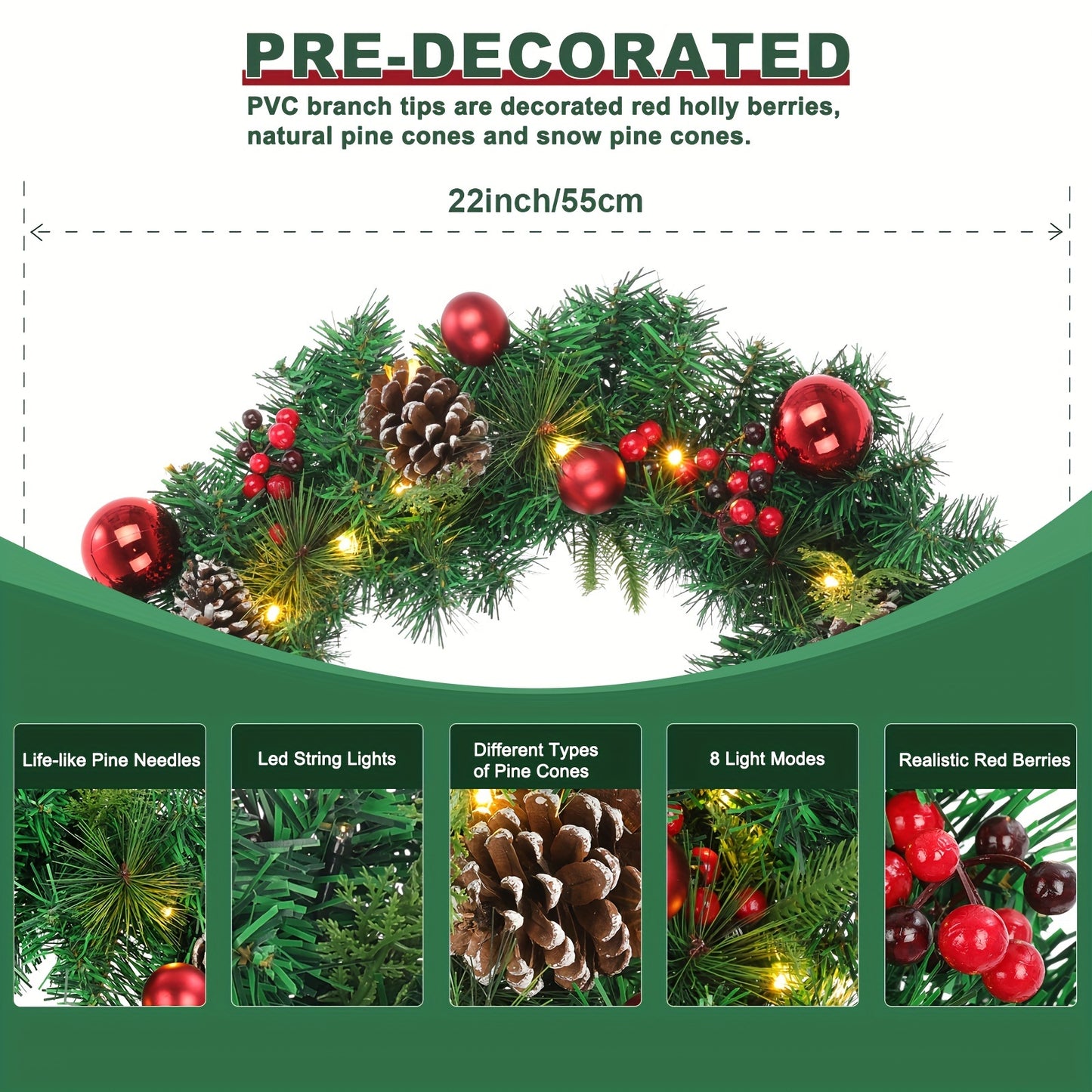 Pre-Lit Artificial Christmas Wreath, White Light 30, 8 Model, Decorated With Pine Cones, Berry Clusters And Frosted Branches, Christmas Collection, 22\