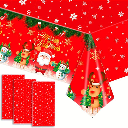 Christmas Party Tablecloth - Festive Red Plastic Table Cover with Snowflakes, Santa, and Reindeer - Durable, Water-Resistant Holiday Table Decor for Christmas and Winter Celebrations, Disposable, Odor Free, 54x108 Inches - 1 Pack