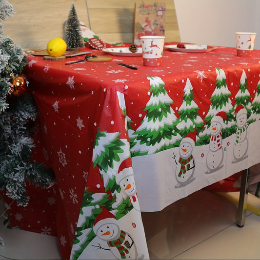 Christmas Snowman and Tree Disposable Tablecloth - Waterproof, Oil-Proof, Vibrant Color, Plastic Table Cover for Holiday Party, 1 Piece, 53.94x107.87inch
