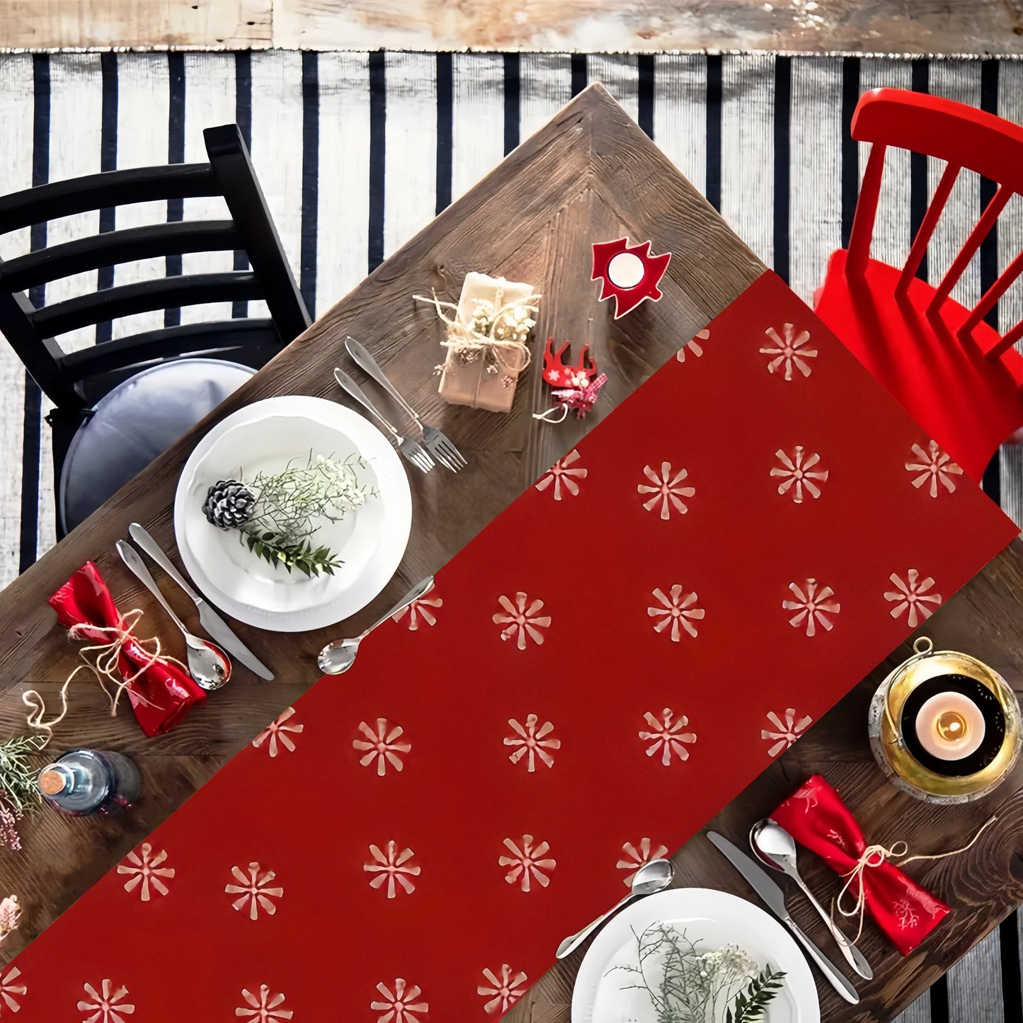 Christmas Reindeer Tablecloth, Polyester, Festive Red with Snowflake Design, for Holiday Dining, Party Decoration, Suitable for Ages 14+
