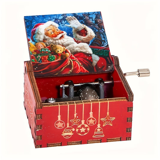 Hand-Cranked Vintage Wooden Music Box with Santa Claus Pattern - Mechanical Movement, Christmas Holiday Edition, Exquisite Retro Laser Engraved Design - Ideal for Christmas and Birthday Gifts, Charming Home Decor, 1pc