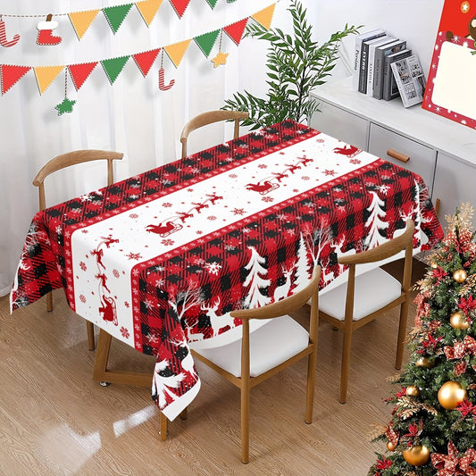 1pc, Christmas Plastic Tablecloth, 51.18*86.61inch Disposable Buffalo Plaid Tree Elk Rectangle Table Cover For Kitchen Dining Table Decor, Christmas Decorations 2024 For Home Decor Xmas Party Festive Holiday Gifts New Year Snowflakes Table Cloth