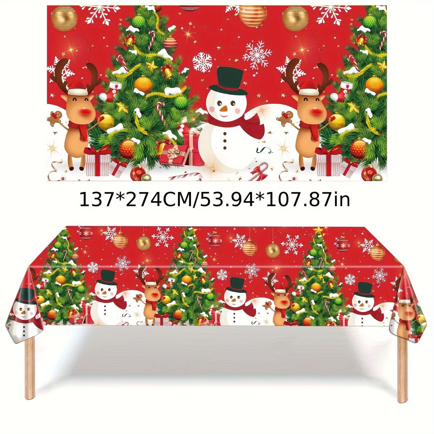 Christmas Party Tablecloth - Festive Snowman & Tree Design, Disposable PE Material, Perfect for Holiday Gatherings & Birthday Celebrations