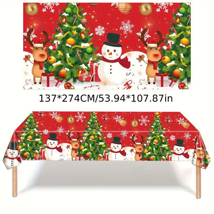 Christmas Party Tablecloth - Festive Snowman & Tree Design, Disposable PE Material, Perfect for Holiday Gatherings & Birthday Celebrations