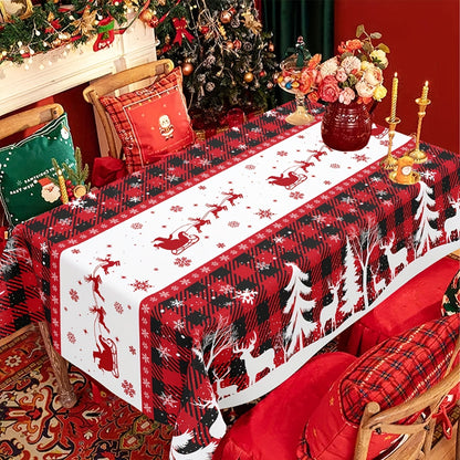 1pc, Christmas Plastic Tablecloth, 51.18*86.61inch Disposable Buffalo Plaid Tree Elk Rectangle Table Cover For Kitchen Dining Table Decor, Christmas Decorations 2024 For Home Decor Xmas Party Festive Holiday Gifts New Year Snowflakes Table Cloth