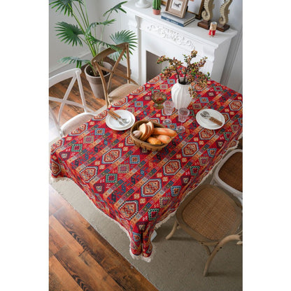 Luxurious Red Jacquard Tablecloth - Thick, Festive Christmas Design with Tassels for Dining & Parties