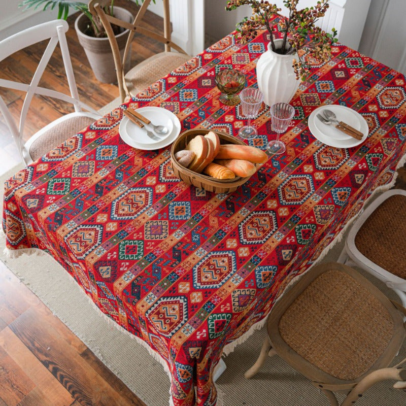 Luxurious Red Jacquard Tablecloth - Thick, Festive Christmas Design with Tassels for Dining & Parties