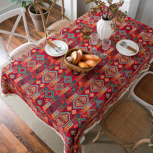 Luxurious Red Jacquard Tablecloth - Thick, Festive Christmas Design with Tassels for Dining & Parties