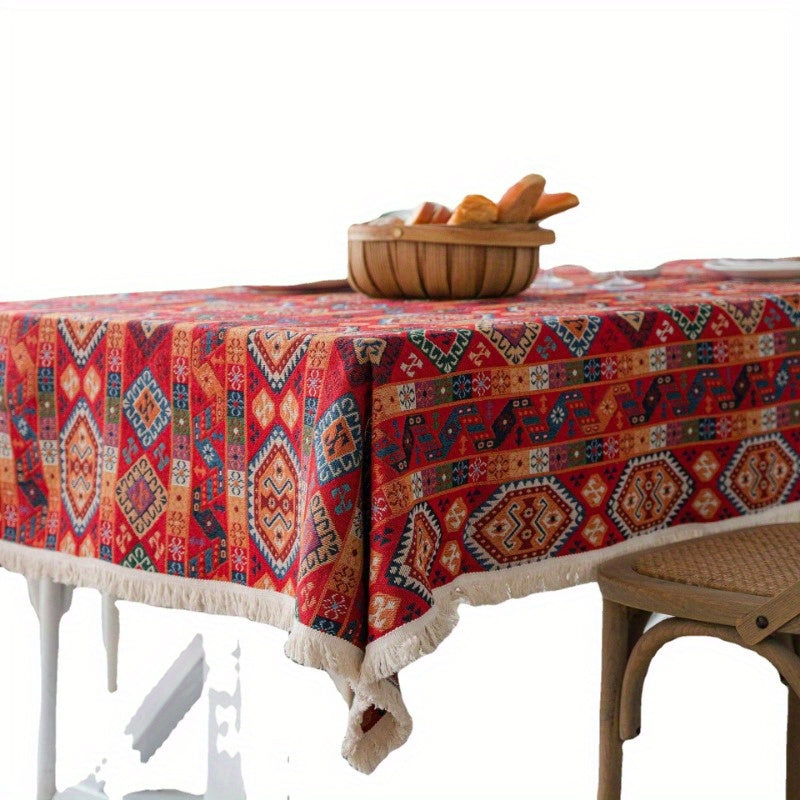 Luxurious Red Jacquard Tablecloth - Thick, Festive Christmas Design with Tassels for Dining & Parties