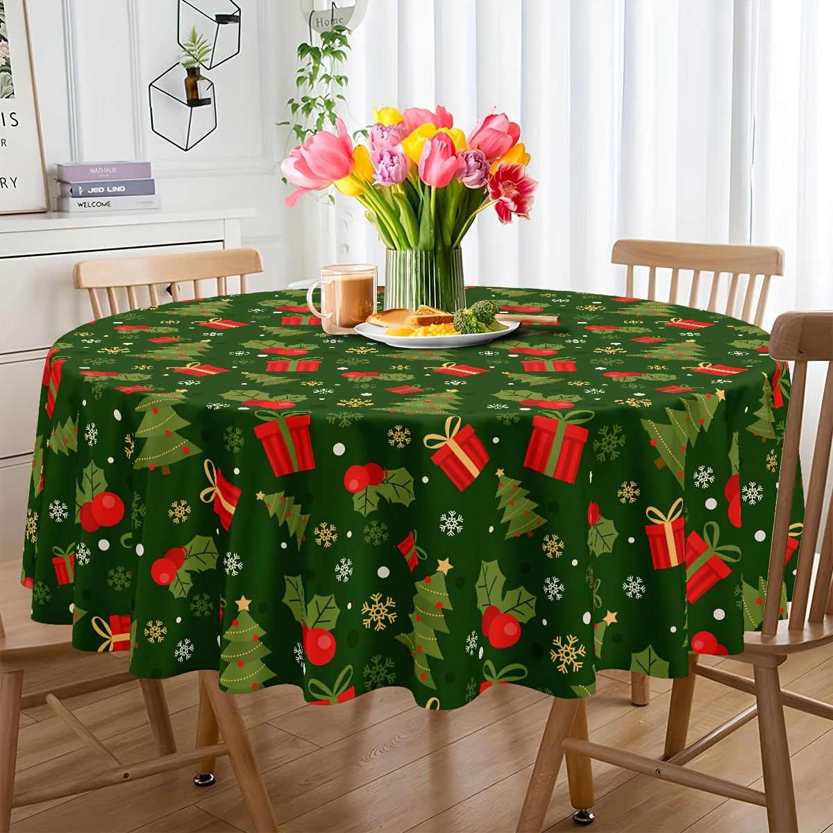 Christmas Round Tablecloth - 100% Polyester, Waterproof, Oil-Proof, Machine-Washable, Woven Holiday Design Table Cover for Festive Gatherings - 60 Inch