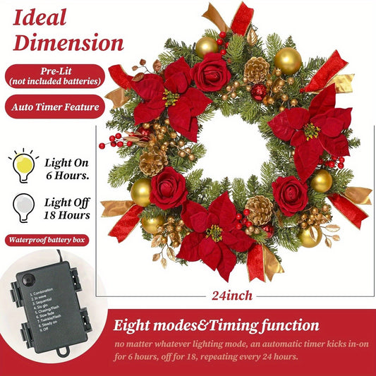 Christmas Wreath, 24in Pre-Lit Christmas Wreaths for Front Door, Timer 8 Modes Lighted Christmas Wreath Christmas Door Wreath with Poinsettia Christmas Decorations for Porch Door Window