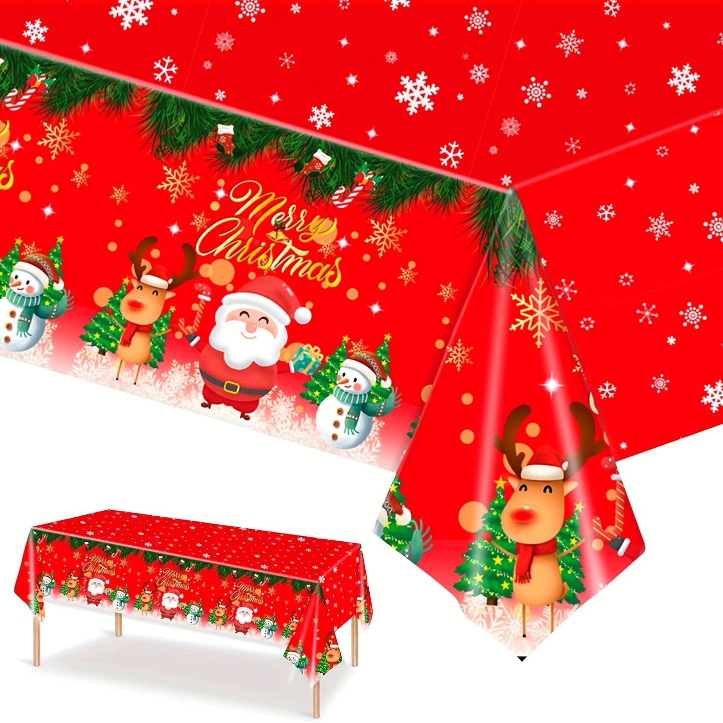 Christmas Party Tablecloth - Festive Red Plastic Table Cover with Snowflakes, Santa, and Reindeer - Durable, Water-Resistant Holiday Table Decor for Christmas and Winter Celebrations, Disposable, Odor Free, 54x108 Inches - 1 Pack