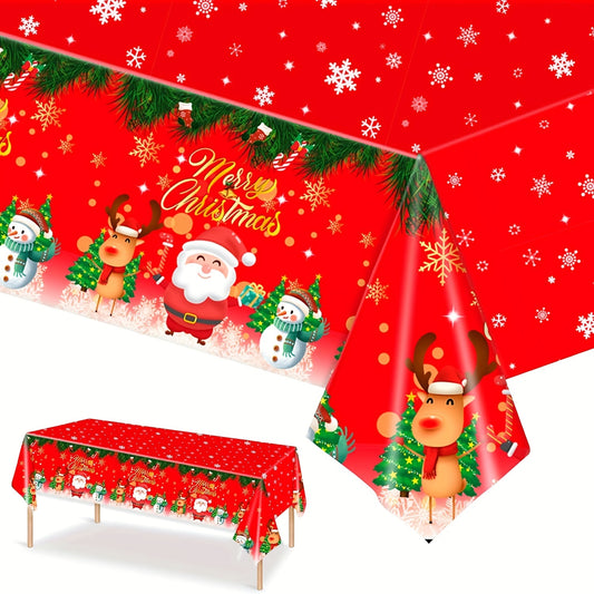 Christmas Party Tablecloth - Festive Red Plastic Table Cover with Snowflakes, Santa, and Reindeer - Durable, Water-Resistant Holiday Table Decor for Christmas and Winter Celebrations, Disposable, Odor Free, 54x108 Inches - 1 Pack
