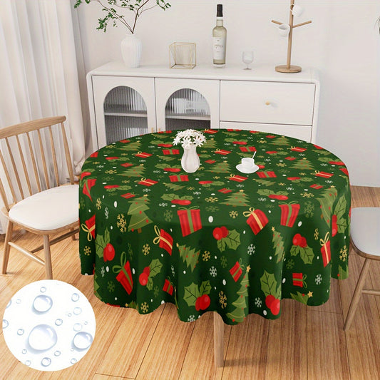 Christmas Round Tablecloth - 100% Polyester, Waterproof, Oil-Proof, Machine-Washable, Woven Holiday Design Table Cover for Festive Gatherings - 60 Inch