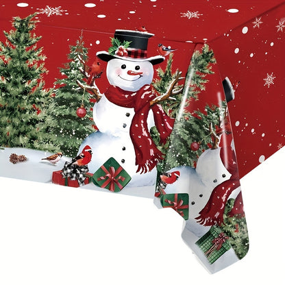 1pc, Merry Christmas Red Tablecloth, Disposable Plastic Tablecloth, Snowman Christmas Tree Table Cover, Christmas Holiday Table Decoration, Winter New Year Holiday Decorations, Natal, Noel, Navidad Decor