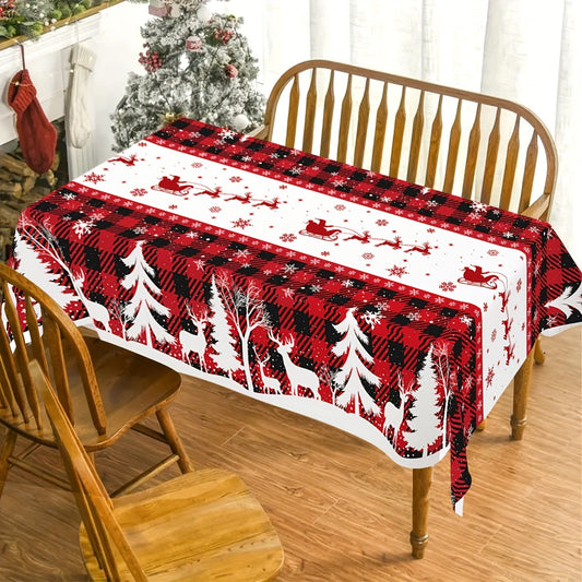 1pc, Christmas Plastic Tablecloth, 51.18*86.61inch Disposable Buffalo Plaid Tree Elk Rectangle Table Cover For Kitchen Dining Table Decor, Christmas Decorations 2024 For Home Decor Xmas Party Festive Holiday Gifts New Year Snowflakes Table Cloth
