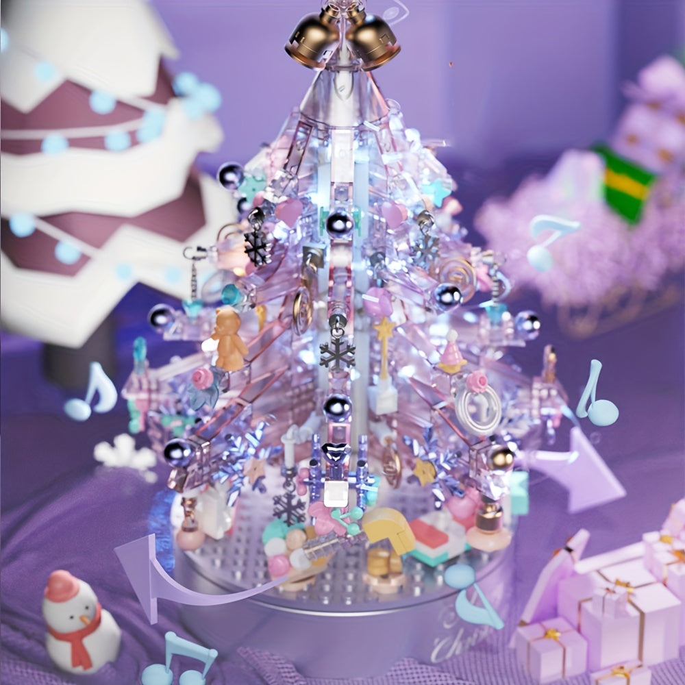 Purple Christmas Tree Music Box Building Blocks With Light And Gift Bag ToysGifts For Adult Home Decoration