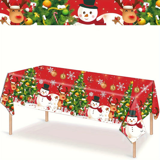 Christmas Party Tablecloth - Festive Snowman & Tree Design, Disposable PE Material, Perfect for Holiday Gatherings & Birthday Celebrations