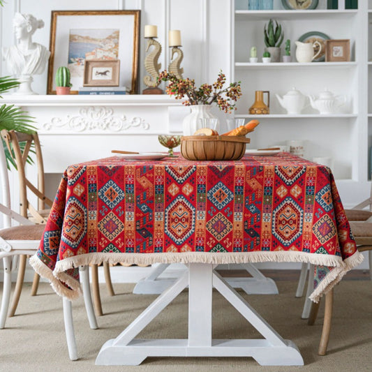 Luxurious Red Jacquard Tablecloth - Thick, Festive Christmas Design with Tassels for Dining & Parties