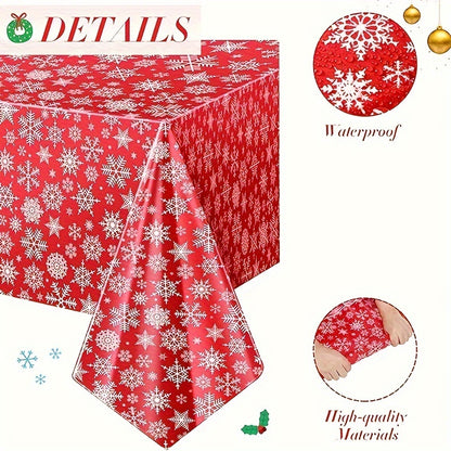 Christmas Snowflake Tablecloth Set of 3 - Disposable Plastic Table Covers for Holiday Parties, Kitchen, Dining, Living Room - Festive Red and White Table Skirts, Machine Made, Autumn Decor - For Holiday Celebrations - Perfect Gift for Christmas