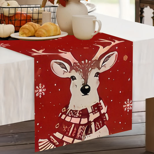 Christmas Reindeer Tablecloth, Polyester, Festive Red with Snowflake Design, for Holiday Dining, Party Decoration, Suitable for Ages 14+