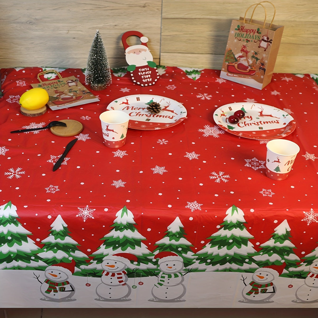 Christmas Snowman and Tree Disposable Tablecloth - Waterproof, Oil-Proof, Vibrant Color, Plastic Table Cover for Holiday Party, 1 Piece, 53.94x107.87inch