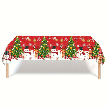 Christmas Party Tablecloth - Festive Snowman & Tree Design, Disposable PE Material, Perfect for Holiday Gatherings & Birthday Celebrations